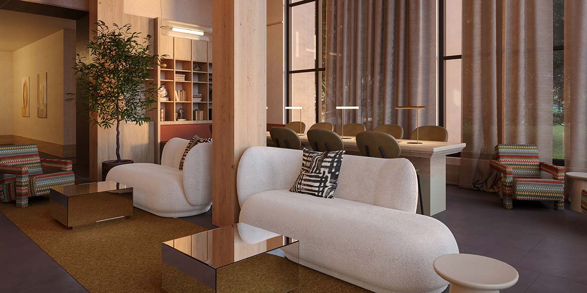 A rendering of the lobby of the Tresah building, with modern furniture, warm wood finishings and tall ceilings.