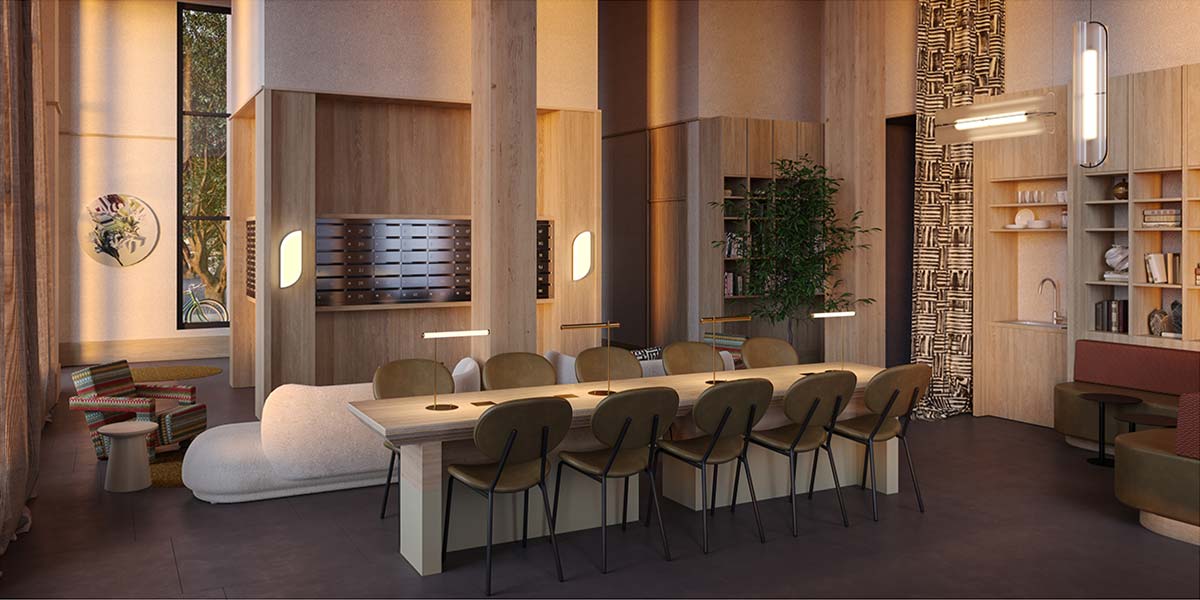 A rendering of the lobby of the Tresah building, with a large seating area, modern furniture, warm wood finishings and tall ceilings.