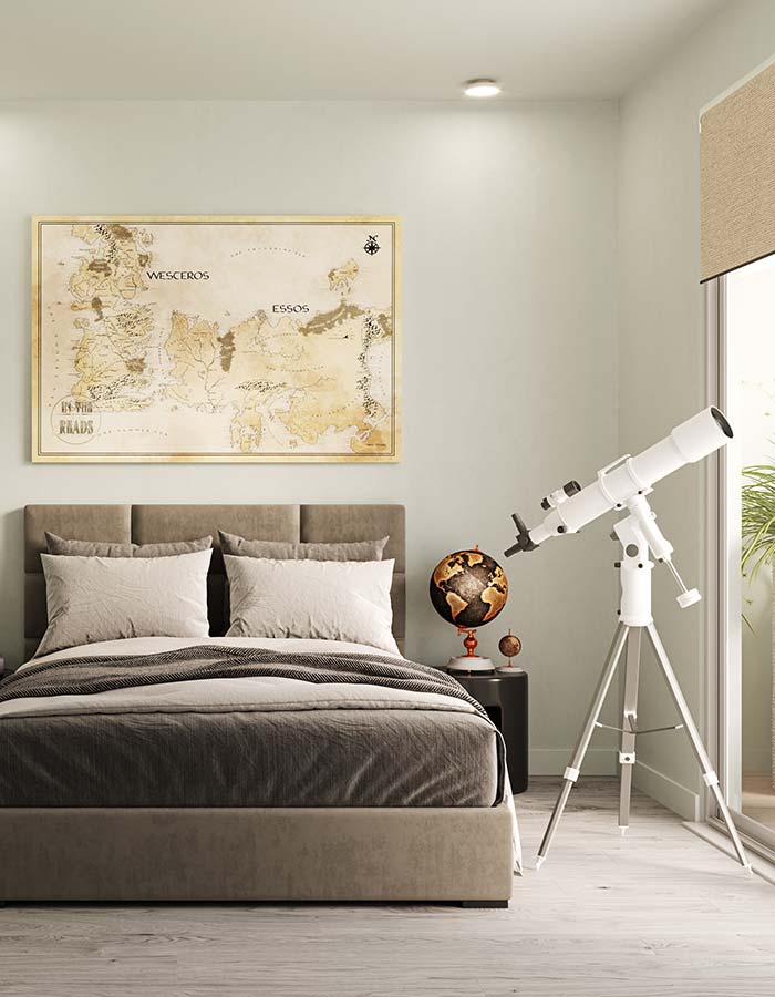 A rendering of a modern bedroom with a telescope next to a door and artwork above the bed.