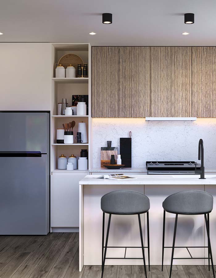 A rendering of a contemporary kitchen with wood and light painted kitchen cabinets, a stainless steel fridge and two stools.