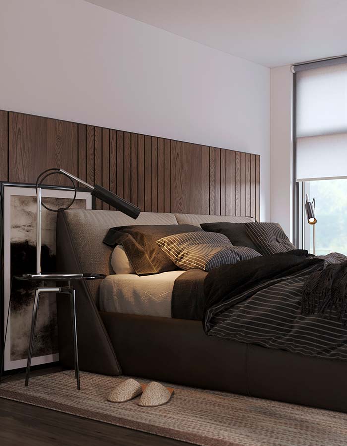 A rendering of a modern bedroom with dark wood finishings and headboard.