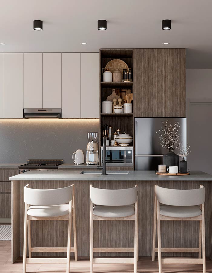 A rendering of a contemporary kitchen with wood and light painted kitchen cabinets, a stainless steel fridge and three mid-century modern stools.