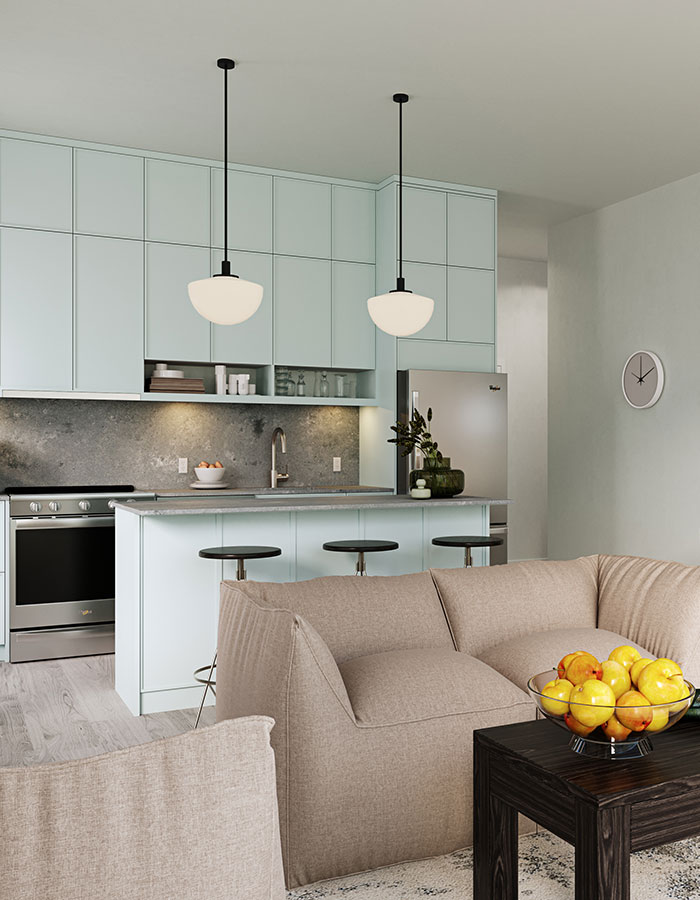 A rendering of a modern kitchen with blue painted cabinets and three stools, that is open to the living space.