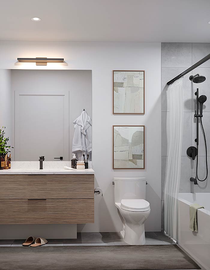 A rendering of a modern bathroom with a tiled shower and tub inset, with the toilet between the shower and the vanity with wood finishes.