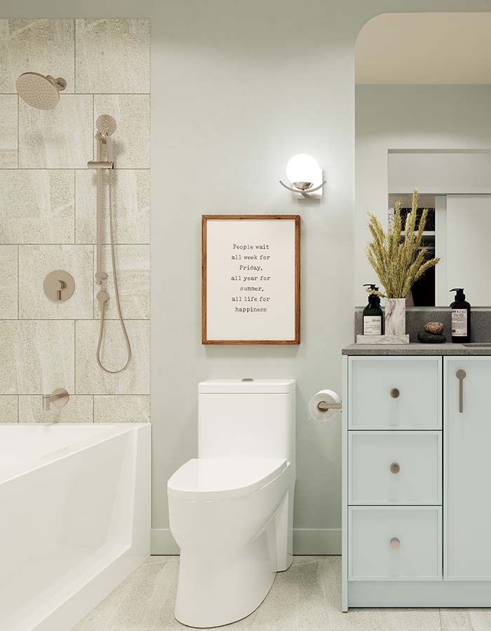 A rendering of a modern bathroom with a tiled shower and tub inset, with the toilet between the shower and the vanity.
