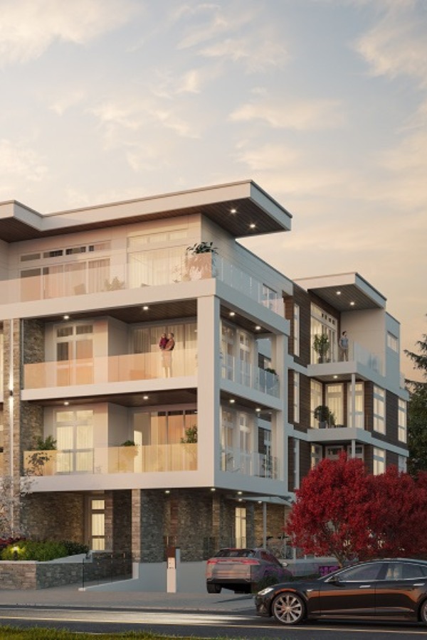 The Rise on Fifth's exterior rendering of a four storey building with lots of windows, glass and light materials.