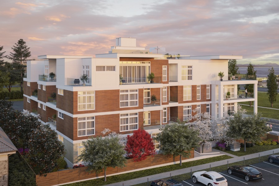 The Rise on Fifth's exterior in reddish brick and white materials with four storeys and lots of windows.