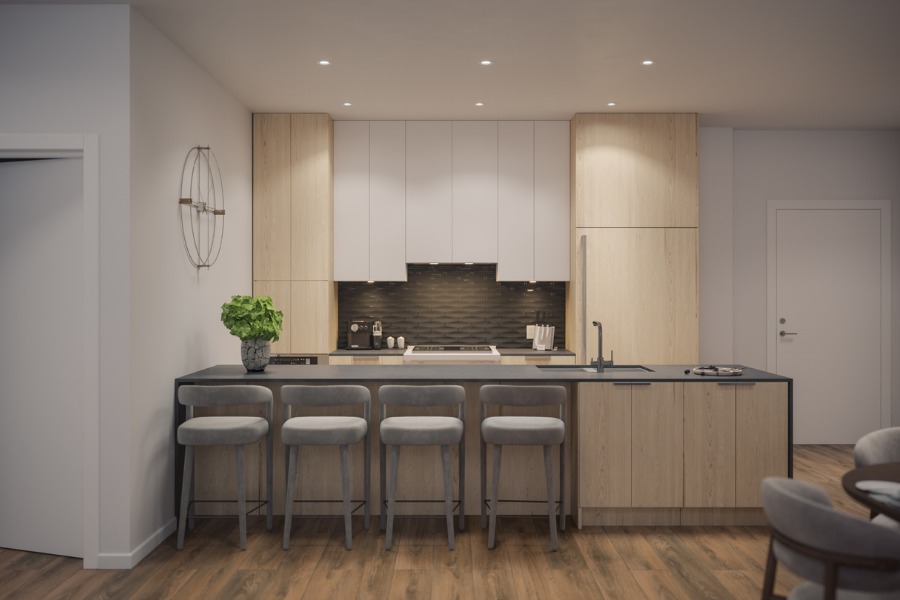 The Rise on Fifth's rendering of a kitchen area with grey chairs, light coloured wood and white walls.