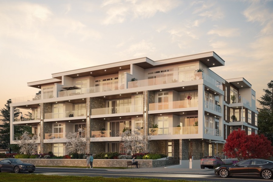 The Rise on Fifth's exterior rendering of a four storey building with lots of windows, glass and light materials.