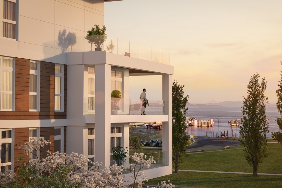 The Rise on Fifth's exterior rendering in reddish brick and white materials with four storeys and a person standing on a patio looking at the ocean.