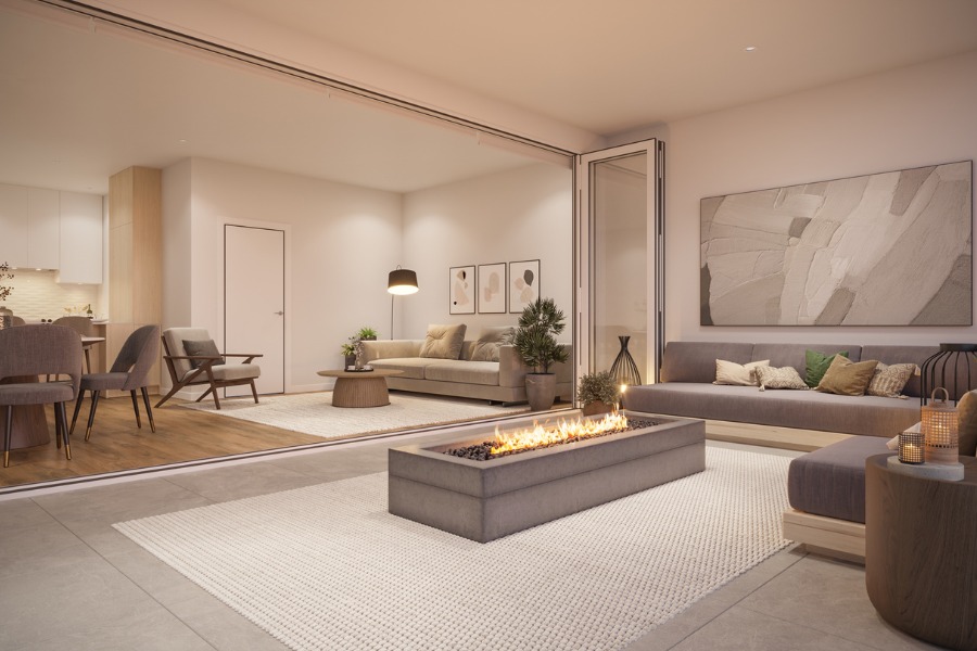 The Rise on Fifth's rendering of a patio that opens to a living room with accordion glass doors, a linear fire pit, all in contemporary neutral colours.