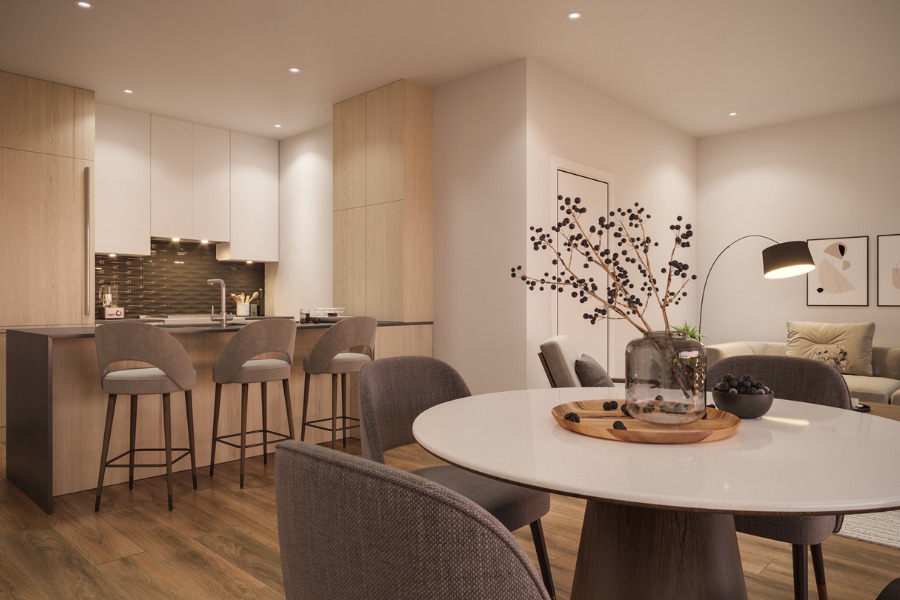 The Rise on Fifth's rendering of a kitchen and dining area with grey chairs, light coloured wood and white walls.