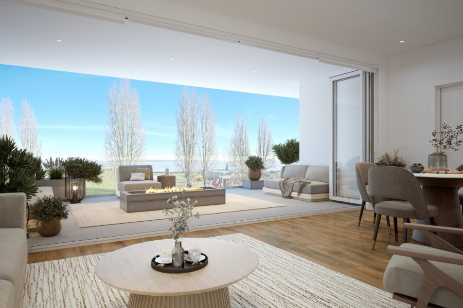 The Rise on Fifth's rendering of a patio that opens to a living room with accordion glass doors, a linear fire pit, all in contemporary neutral colours.
